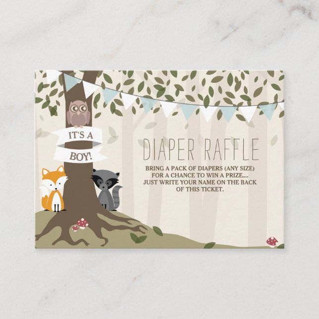 Woodland Creatures Baby Boy Diaper Raffle Enclosure Card (Front)