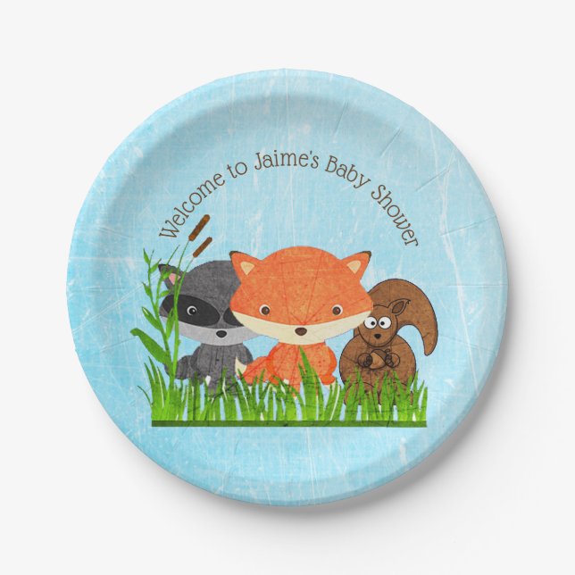Woodland Creatures Baby Shower Paper Plates (Front)