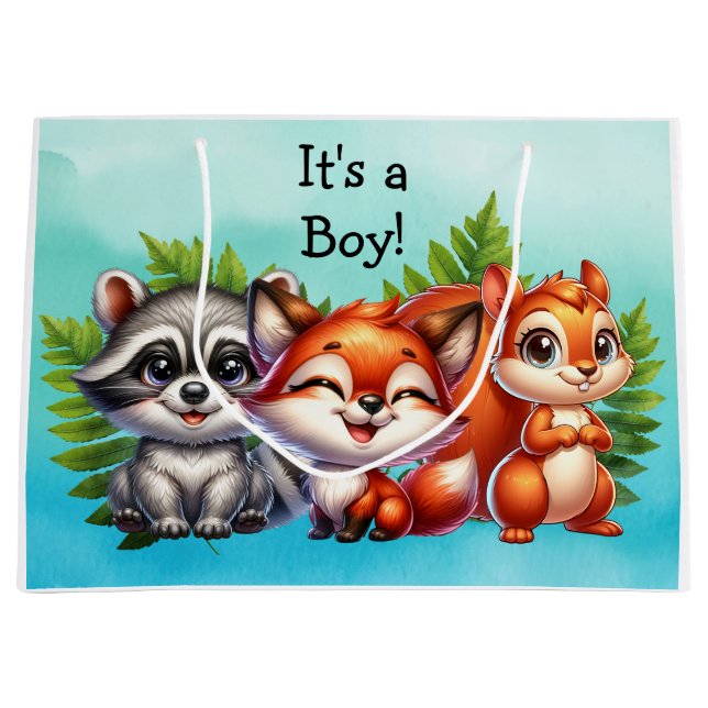 Woodland Creatures Boy's Baby Shower Large Gift Bag (Front)