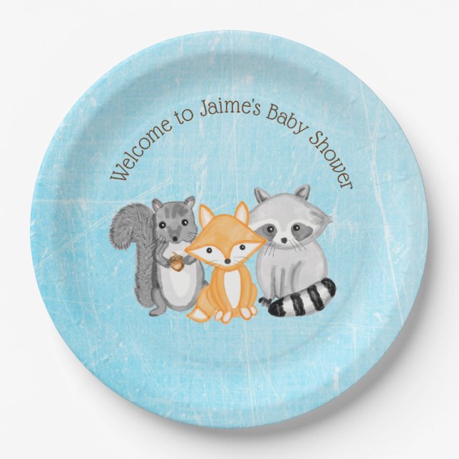Woodland Creatures Boy''s Baby Shower  Paper Plate (Front)