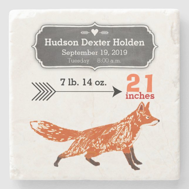 Woodland Creatures Fox Baby Stats Keepsake Stone Coaster (Front)
