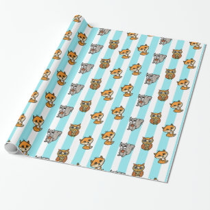 Woodland Creatures Fox, Squirrel and Owl Blue Wrapping Paper