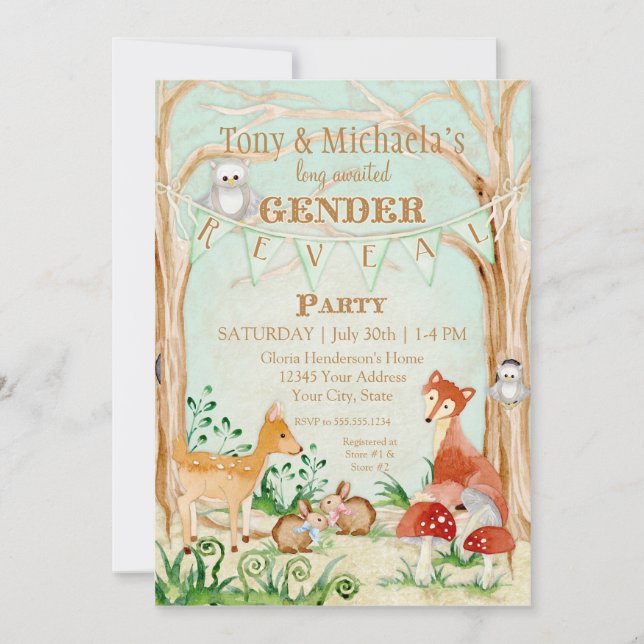 Woodland Creatures Gender Reveal Deer Fox Owl Invitation (Front)