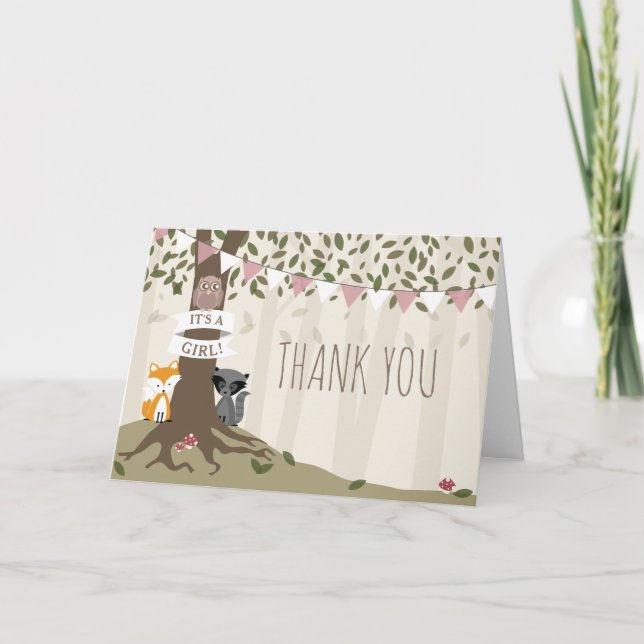 Woodland Creatures Girl Baby Shower Thank You Card (Front)