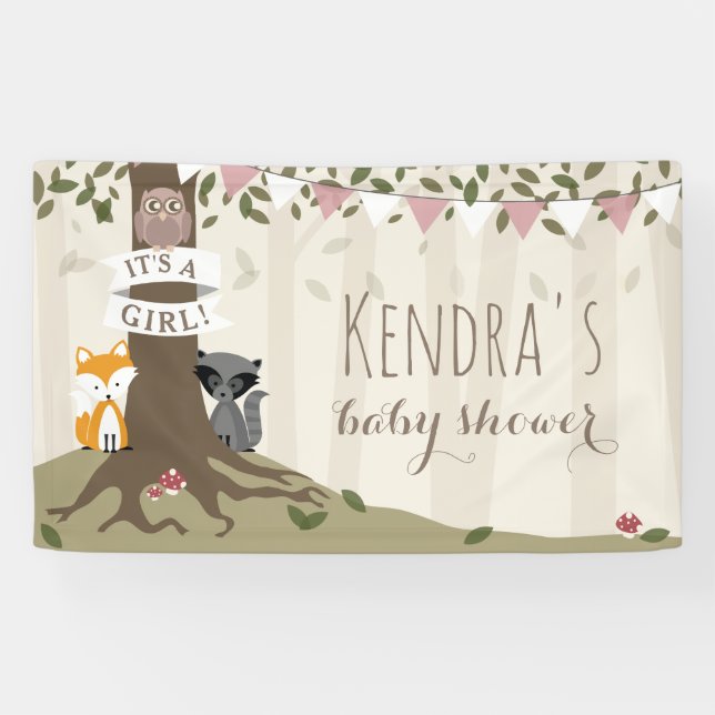 Woodland Creatures Pink Baby Shower Banner (Horizontal)