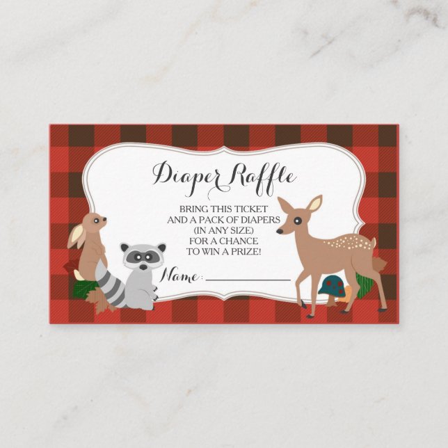 Woodland Creatures Plaid Diaper Raffle Ticket Enclosure Card (Front)