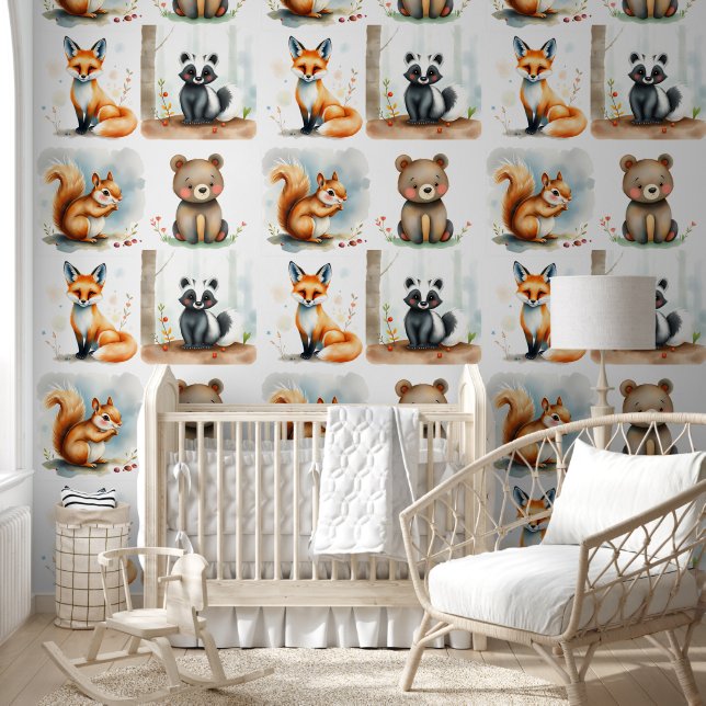 Woodland Creatures Watercolor Illustration Wallpaper (Kids)