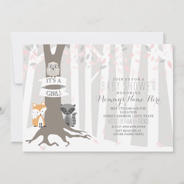 Woodland Creatures Winter Baby Shower - Girl Invitation (Front)