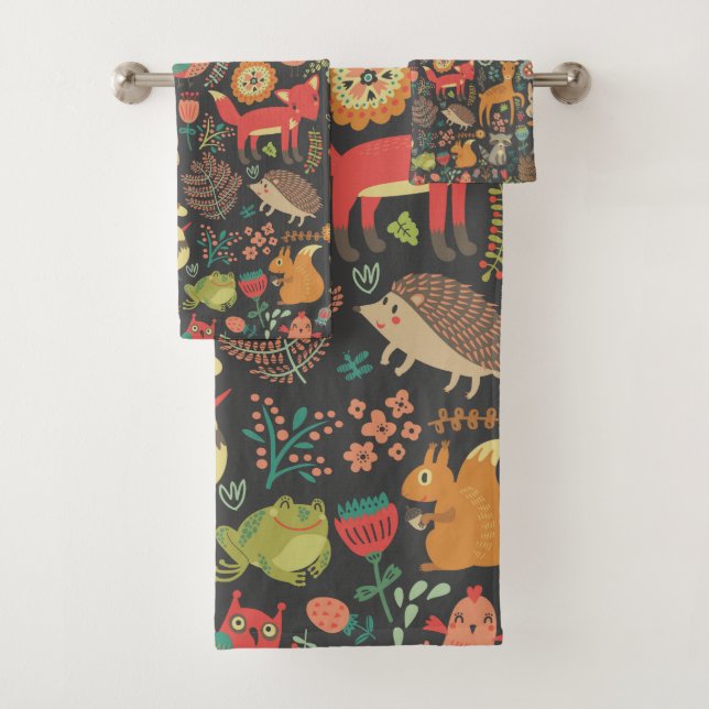 Woodland Critters Cottagecore Folk Art Bath Towel Set (Insitu)