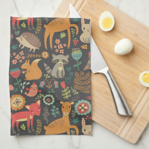 Woodland Critters Folk Art Tea Towel