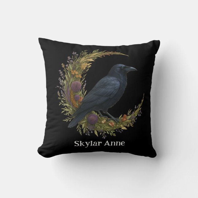 Woodland Crow Botanical Wreath Cushion (Front)