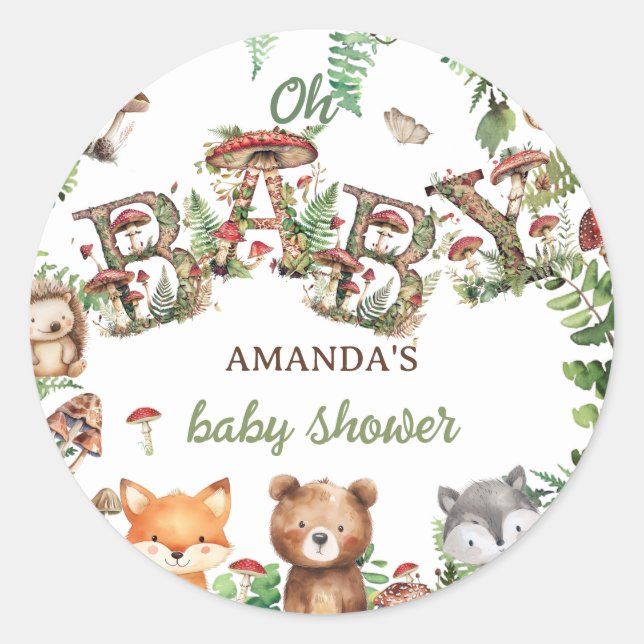 Woodland Cute Animals Greenery Baby Shower  Classic Round Sticker (Front)