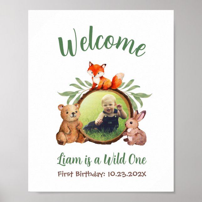 Woodland Cute Animals Photo Wild One Welcome Sign (Front)