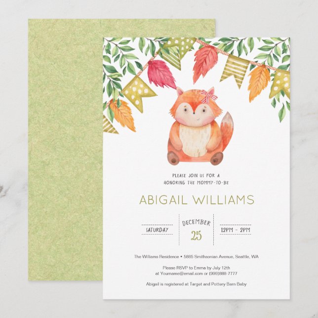 Woodland Cute Baby Girl Fox Baby Shower Invitation (Front/Back)