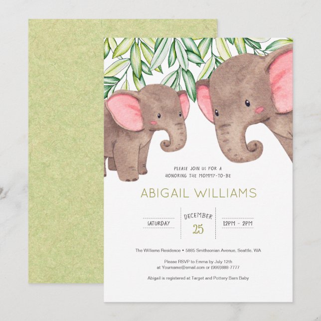 Woodland Cute Baby & Mother Elephant Baby Shower Invitation (Front/Back)