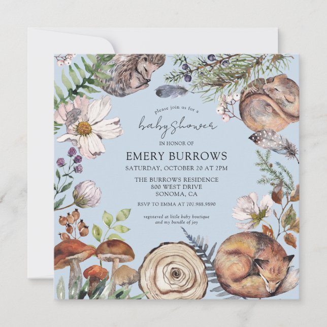 Woodland Cute Forest Animals Boy Blue Baby Shower Invitation (Front)