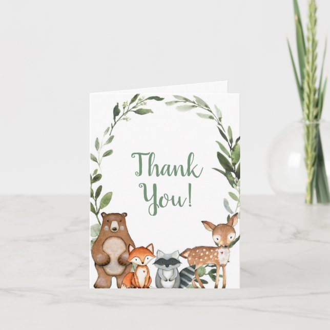 Woodland cute forest animals friends greenery thank you card (Front)
