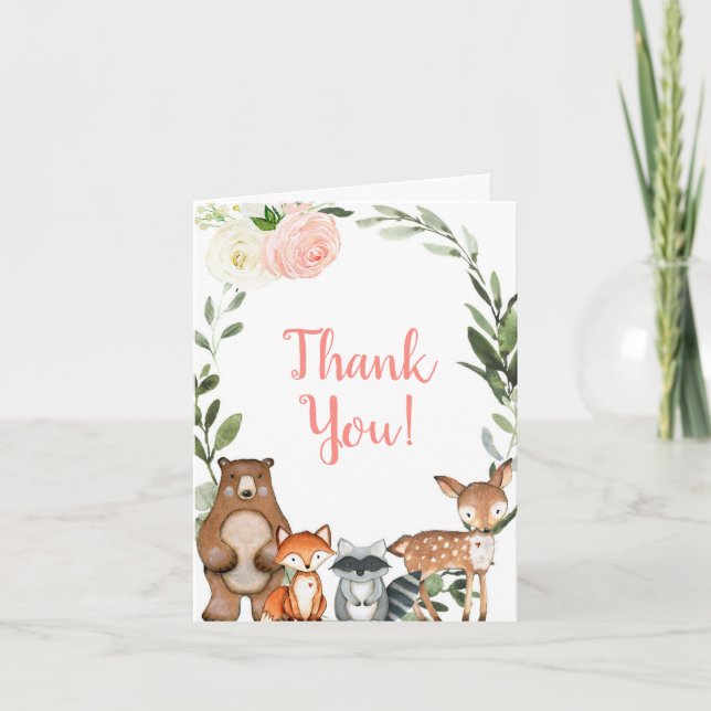 Woodland cute forest animals friends pink greenery thank you card (Front)