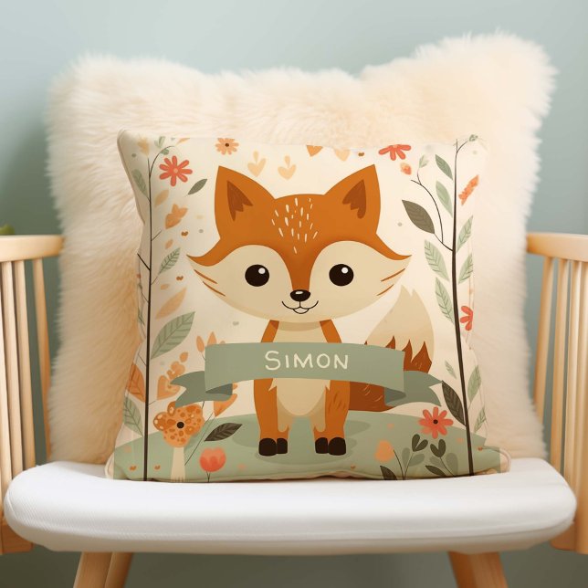 Woodland Cute Fox, Baby Animals, Personalised Name Cushion (Gender Neutral Woodland Fox Nursery Pillow, personalized with name.)
