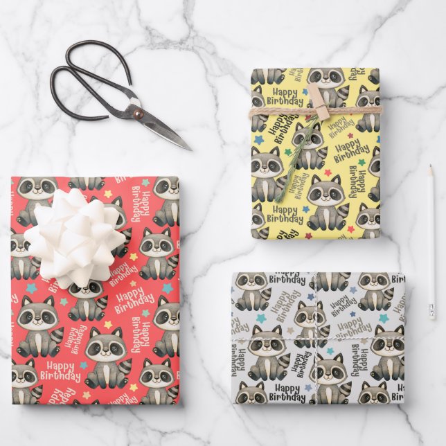 Woodland Cute Racoon Happy Birthday Wrapping Paper Sheet (Front)