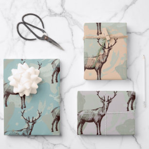 Woodland Cute Red Stag Deer Green Orange Pink Wrapping Paper Sheet
