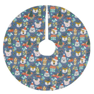 Woodland Cute Santa Animals Denim Blue Brushed Polyester Tree Skirt