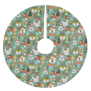 Woodland Cute Santa Animals Green Brushed Polyester Tree Skirt
