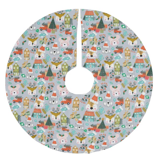 Woodland Cute Santa Animals Grey Brushed Polyester Tree Skirt (Front)