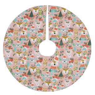 Woodland Cute Santa Animals Pink Brushed Polyester Tree Skirt