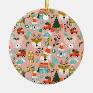 Woodland Cute Santa Animals Pink Ceramic Tree Decoration