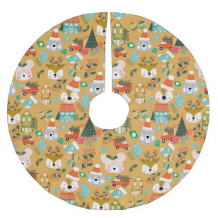 Woodland Cute Santa Animals Yellow Brushed Polyester Tree Skirt