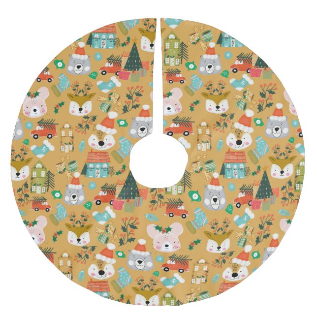 Woodland Cute Santa Animals Yellow Brushed Polyester Tree Skirt (Front)