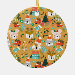 Woodland Cute Santa Animals Yellow Ceramic Tree Decoration