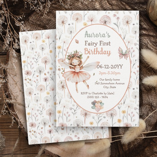 Woodland Dandelion watercolor Fairy First birthday Invitation (Creator Uploaded)