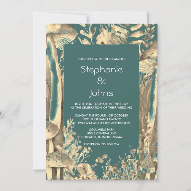 Woodland Dark Teal Gold Mushrooms Elegant Wedding Invitation (Front)
