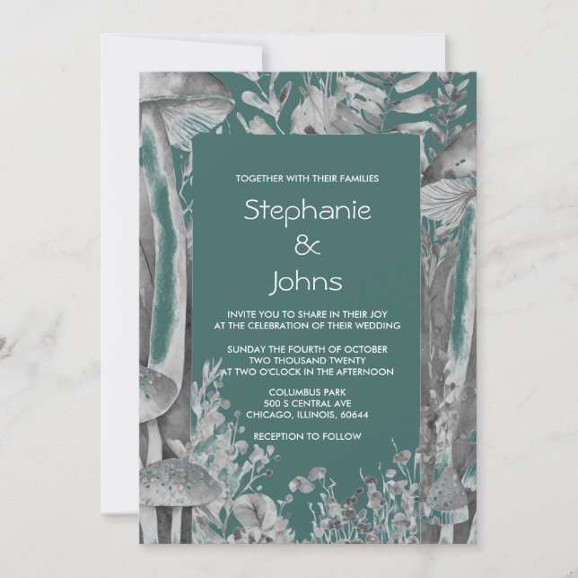 Woodland Dark Teal Grey Mushrooms Artsy Wedding Invitation (Front)