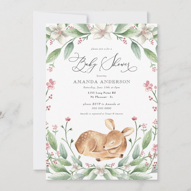 Woodland Dear Girl Greenery Pink Baby Shower Invitation (Front)