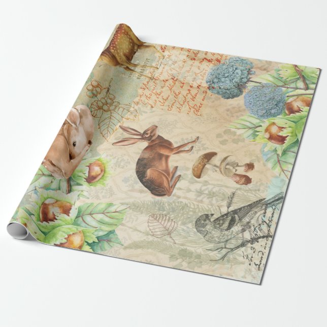Woodland Decoupage Forest Wildlife Deer, rabbit  Wrapping Paper (Unrolled)