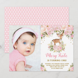 Woodland Deer 1st Birthday Pink Gold Pastel Floral Invitation