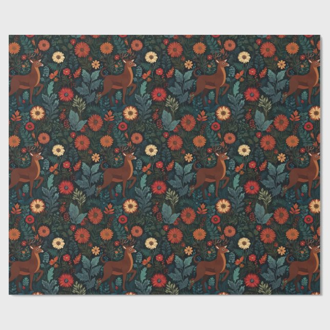 Woodland Deer and Flowers Holiday Gift Wrap (Flat)