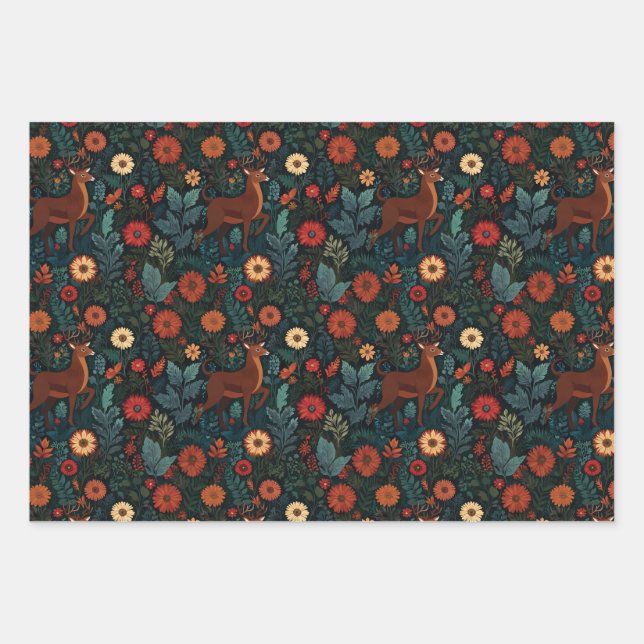 Woodland Deer and Flowers Holiday Gift Wrap (Front)