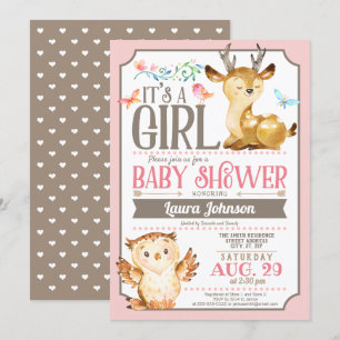 Woodland Deer and Owl Girl Baby Shower Invitation
