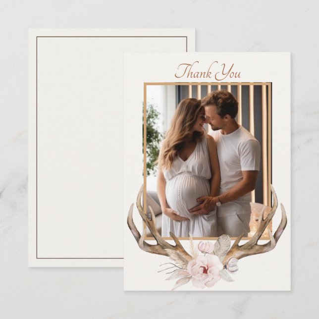Woodland Deer Antlers Baby Shower Thank You Card – (Front/Back)
