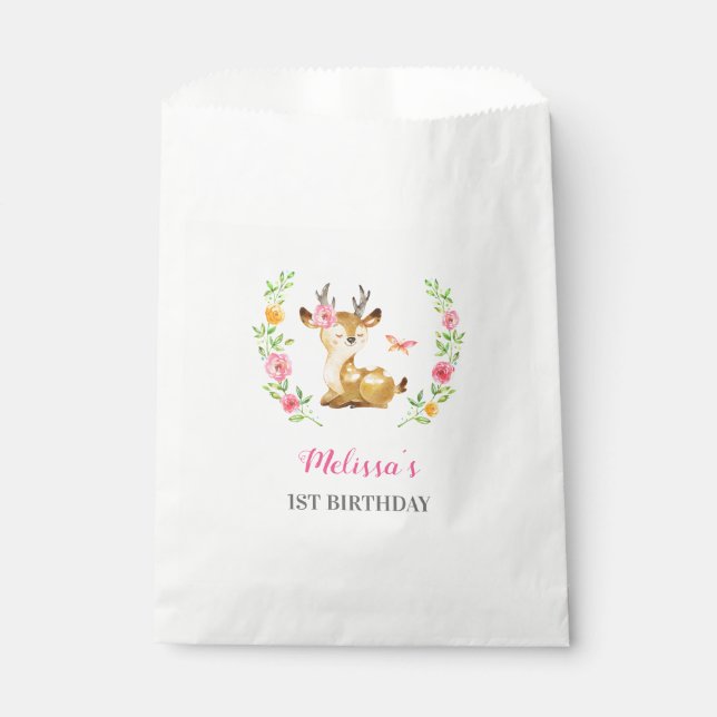 Woodland Deer Baby Girl 1st Birthday Party Treat Favour Bags (Front)
