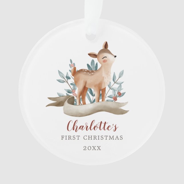 Woodland Deer Baby Girl First Christmas Photo Ornament (Front)
