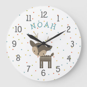Woodland deer baby nursery clock with name