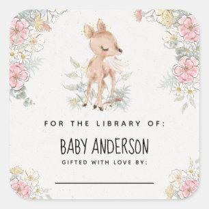 Woodland Deer Baby Shower Bookplate Square Sticker