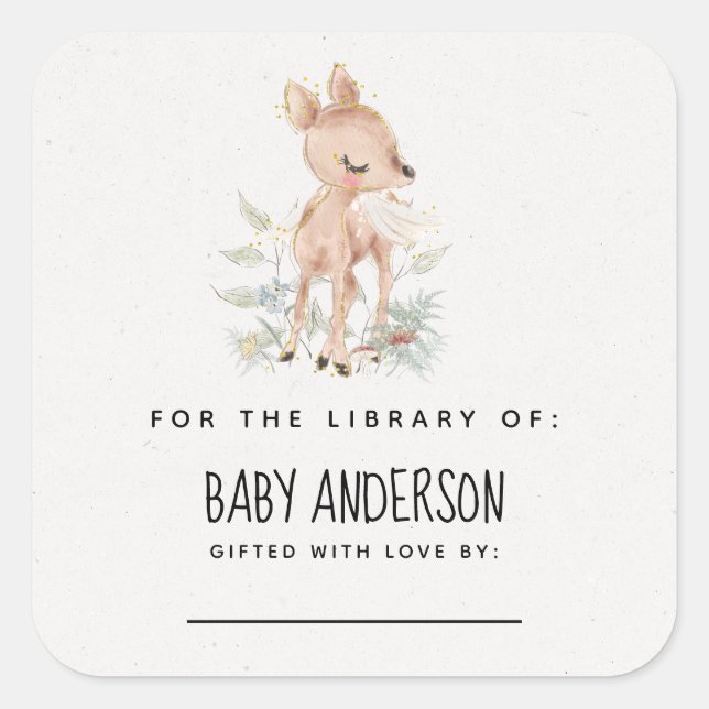 Woodland Deer Baby Shower Bookplate Square Sticker (Front)