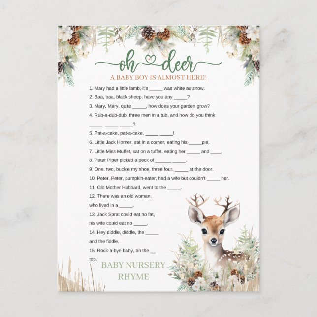 Woodland Deer Baby Shower Boy Game Postcard (Front)