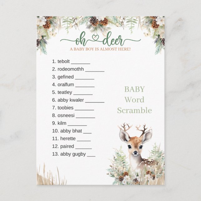 Woodland Deer Baby Shower Boy Game Postcard (Front)